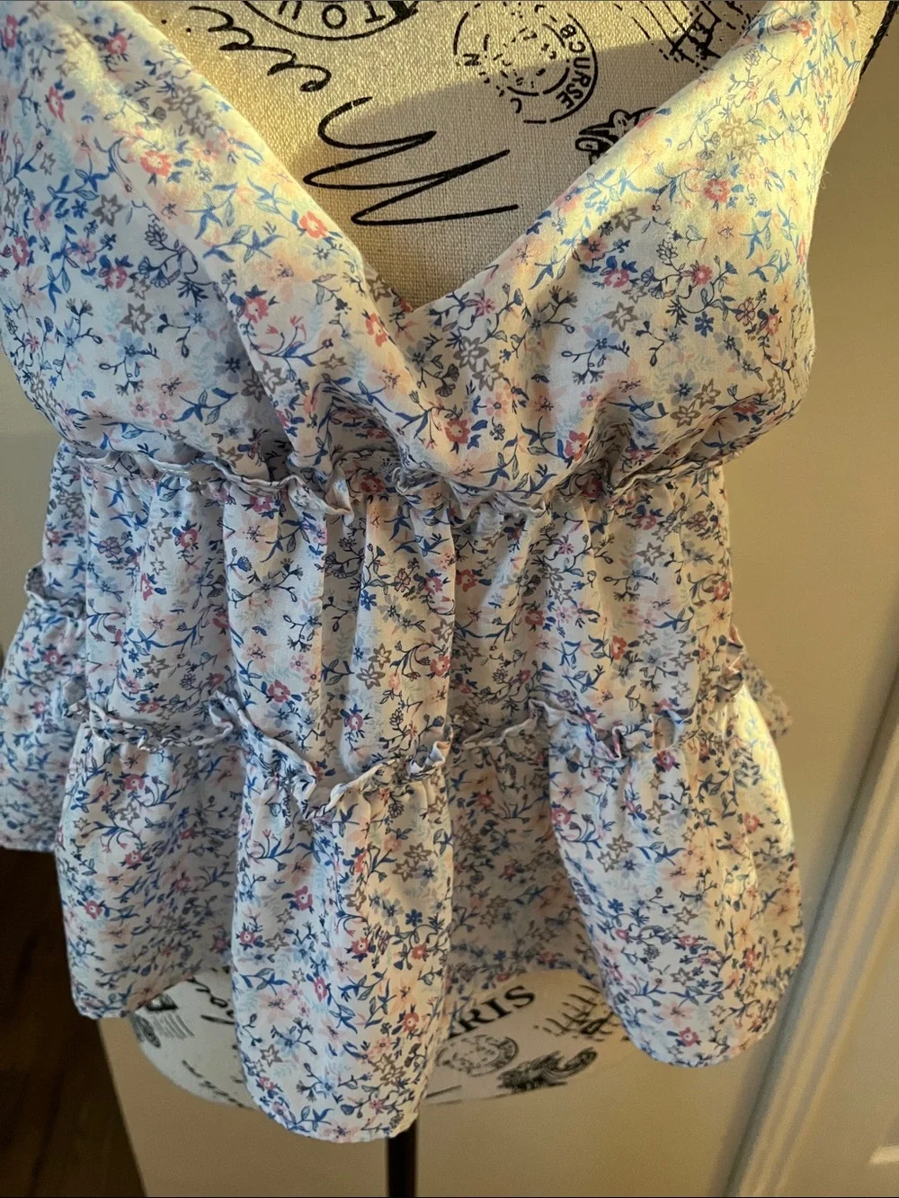 💗Floral Tie-Shoulder Ruffle Cami Top - White/Blue/Pink - Picture 8 of 8